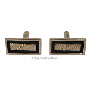 Vintage Yellow‎ Tone Black inlaid  Engine Turned Cufflinks Steampunk